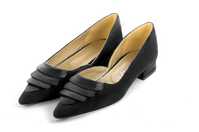 Women's matt black and satin black elegant open arch pumps. Pointed toe. Flat flare heels - Front view